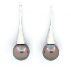 Rhodiated Sterling Silver Earrings and 2 Tahitian Pearls Semi-Baroque B 9.5 mm