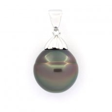 Rhodiated Sterling Silver Pendant and 1 Tahitian Pearl Ringed B 13.8 mm