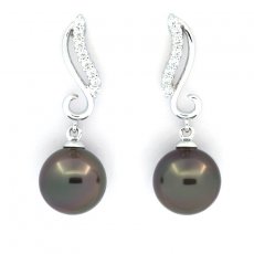 Rhodiated Sterling Silver Earrings and 2 Tahitian Pearls Round C 9 mm