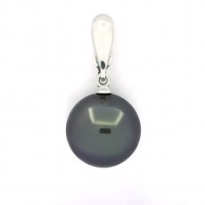 18K solid White Gold Clip Pendant and 1 Tahitian Pearl Round B 12.8 mm