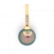 14K Solid Gold Pendant + 4 Diamonds and 1 Tahitian Pearl Round B 11.5 mm