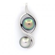 Rhodiated Sterling Silver Pendant and 2 Tahitian Pearls Semi-Baroque C 9.2 and 10 mm