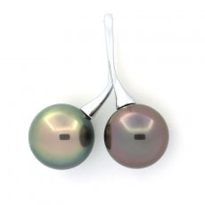 Rhodiated Sterling Silver Pendant and 2 Tahitian Pearls Round C 11.4 and 11.8 mm