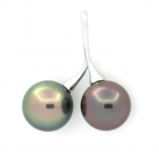 Rhodiated Sterling Silver Pendant and 2 Tahitian Pearls Round C 11.4 and 11.8 mm