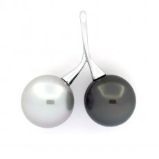 Rhodiated Sterling Silver Pendant and 2 Tahitian Pearls Round C 12.7 and 12.9 mm