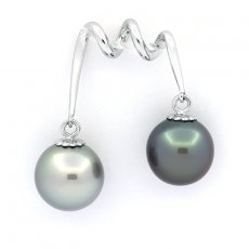 Rhodiated Sterling Silver Pendant and 2 Tahitian Pearls Near-Round B/C 10.1 and 10.4 mm