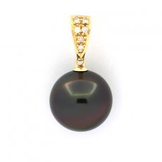 14K Solid Gold Pendant + 6 Diamonds and 1 Tahitian Pearl Round B 11.5 mm