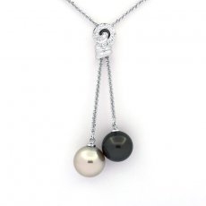 Rhodiated Sterling Silver Necklace and 2 Tahitian Pearls Round C 11.6 and 11.9 mm