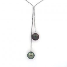 Rhodiated Sterling Silver Necklace and 2 Tahitian Pearls Round C 12.4 and 12.6 mm