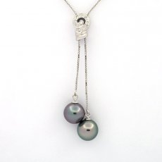 Rhodiated Sterling Silver Necklace and 2 Tahitian Pearls Near-Round B/C 10.5 and 10.6 mm