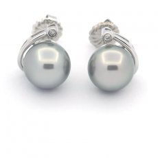 Rhodiated Sterling Silver Earrings and 2 Tahitian Pearls Round C 10 mm