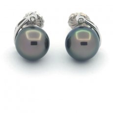 Rhodiated Sterling Silver Earrings and 2 Tahitian Pearls Round C 10.4 mm