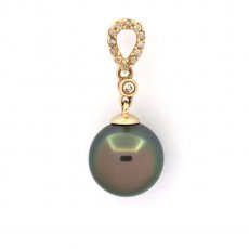 14K Solid Gold Pendant + 13 Diamonds and 1 Tahitian Pearl Round B 9.7 mm