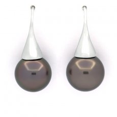 Rhodiated Sterling Silver Earrings and 2 Tahitian Pearls Round C 11.9 mm