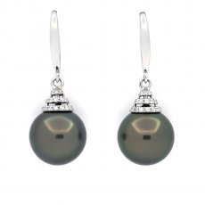 Rhodiated Sterling Silver Earrings and 2 Tahitian Pearls 1 Round & 1 Near-Round C 11.8 mm