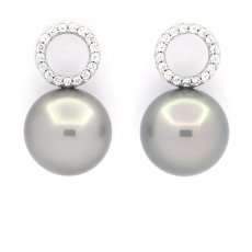Rhodiated Sterling Silver Earrings and 2 Tahitian Pearls Round C 12.7 mm