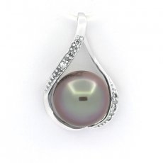 14K Solid White Gold Pendant + 6 Diamonds and 1 Tahitian Pearl Round B 10.5 mm