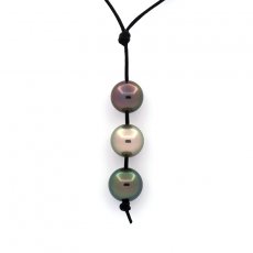 Kangaroo Leather Necklace and 3 Tahitian Pearls Round C from 10.8 to 11.4 mm