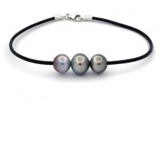 Rubber, Sterling Silver Bracelet and 3 Tahitian Pearls Semi-Baroque B from 9.8 to 11 mm
