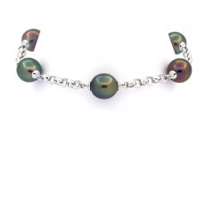 Rhodiated Sterling Silver Bracelet and 5 Tahitian Pearls Semi-Baroque A from 9.7 to 10 mm