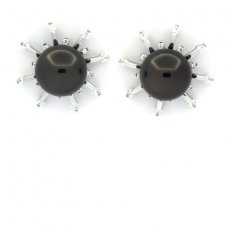 Rhodiated Sterling Silver Earrings and 2 Tahitian Pearls Round C 8.9 mm