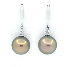 Rhodiated Sterling Silver Earrings and 2 Tahitian Pearls Round C 9.8 mm