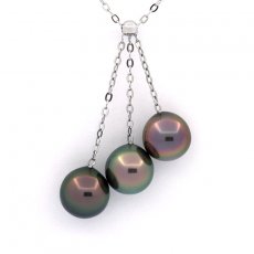 Rhodiated Sterling Silver Necklace and 3 Tahitian Pearls Semi-Baroque B from 9.1 to 9.4 mm