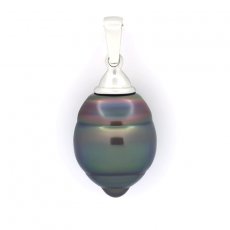 Rhodiated Sterling Silver Pendant and 1 Tahitian Pearl Ringed C 12.7 mm