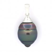 Rhodiated Sterling Silver Pendant and 1 Tahitian Pearl Ringed C 12.7 mm