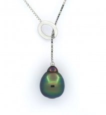 Rhodiated Sterling Silver Necklace and 1 Tahitian Pearl Ringed B+ 10.2 mm