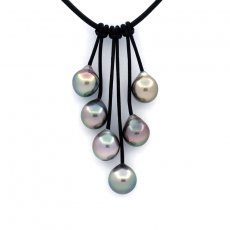 Leather Necklace and 6 Tahitian Pearls Semi-Baroque B/C from 9.3 to 9.7 mm