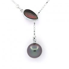 Rhodiated Sterling Silver Necklace and 1 Tahitian Pearl Round B 9 mm