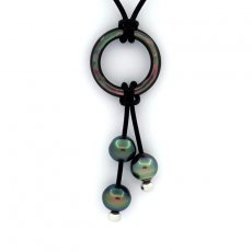 Leather Necklace and 3 Tahitian Pearls Semi-Baroque C from 9.6 to 10.3 mm