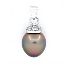 Rhodiated Sterling Silver Pendant and 1 Tahitian Pearl Semi-Baroque B/C 10.8 mm