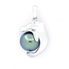 Rhodiated Sterling Silver Pendant and 1 Tahitian Pearl Near-Round C 9.4 mm