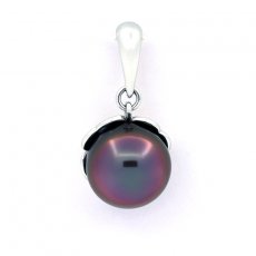 Rhodiated Sterling Silver Pendant and 1 Tahitian Pearl Semi-Baroque B/C 10.7 mm
