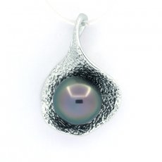 Rhodiated Sterling Silver Pendant and 1 Tahitian Pearl Semi-Baroque C 9.6 mm