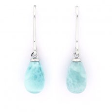 Rhodiated Sterling Silver Earrings and 2 Larimars - 9.3 x 6.2 mm - 1.2 gr