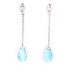 Rhodiated Sterling Silver Earrings and 2 Larimars - 9.5 x 6.2 mm - 1.2 gr