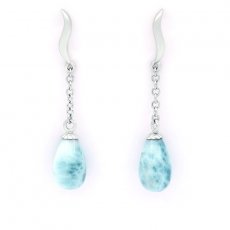 Rhodiated Sterling Silver Earrings and 2 Larimars - 9.9 x 6.2 mm - 1.2 gr