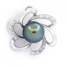 Rhodiated Sterling Silver Pendant and 1 Tahitian Pearl Round C 8.7 mm