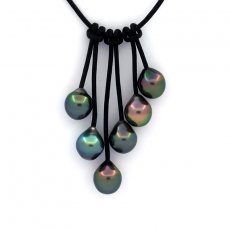 Leather Necklace and 6 Tahitian Pearls Semi-Baroque B from 8.7 to 8.9 mm