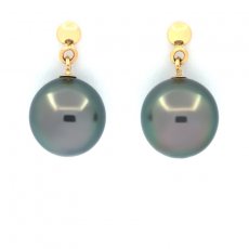 18k solid Gold Earrings and 2 Tahitian Pearls Near-Round 1 A & 1 B 9.1 mm