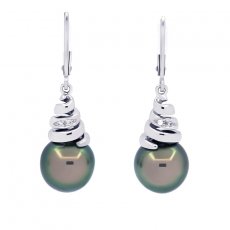 Rhodiated Sterling Silver Earrings and 2 Tahitian Pearls Semi-Baroque B 9.5 mm