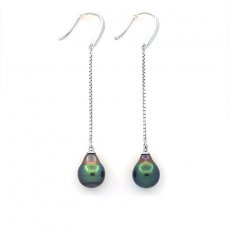 Rhodiated Sterling Silver Earrings and 2 Tahitian Pearls Semi-Baroque 1A and 1B 8.9 mm