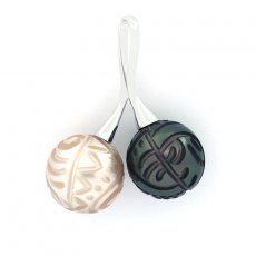 Rhodiated Sterling Silver Pendant and 2 Engraved Tahitian Pearls 11.7 and 11.9 mm