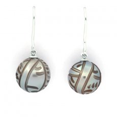 Rhodiated Sterling Silver Earrings and 2 Engraved Tahitian Pearls 11 mm