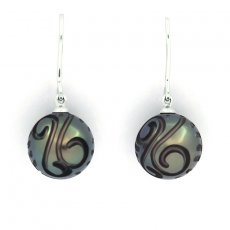 Rhodiated Sterling Silver Earrings and 2 Engraved Tahitian Pearls 11.6 mm