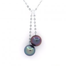 18K solid White Gold Necklace and 2 Tahitian Pearls Round B 9.5 mm