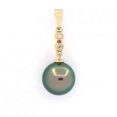 14K Solid Gold Pendant + 2 Diamonds and 1 Tahitian Pearl Round A 9.5 mm